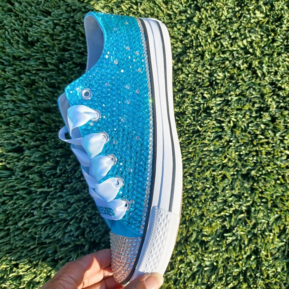 NEW Baby Blue Hand Embellished CONVERSE with "BLESSED" laces - Picture 7 of 8